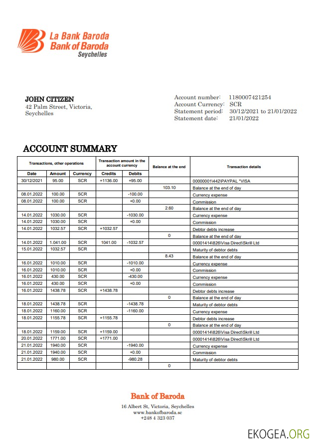 Relevé bancaire de la Seychelles Bank of Baroda